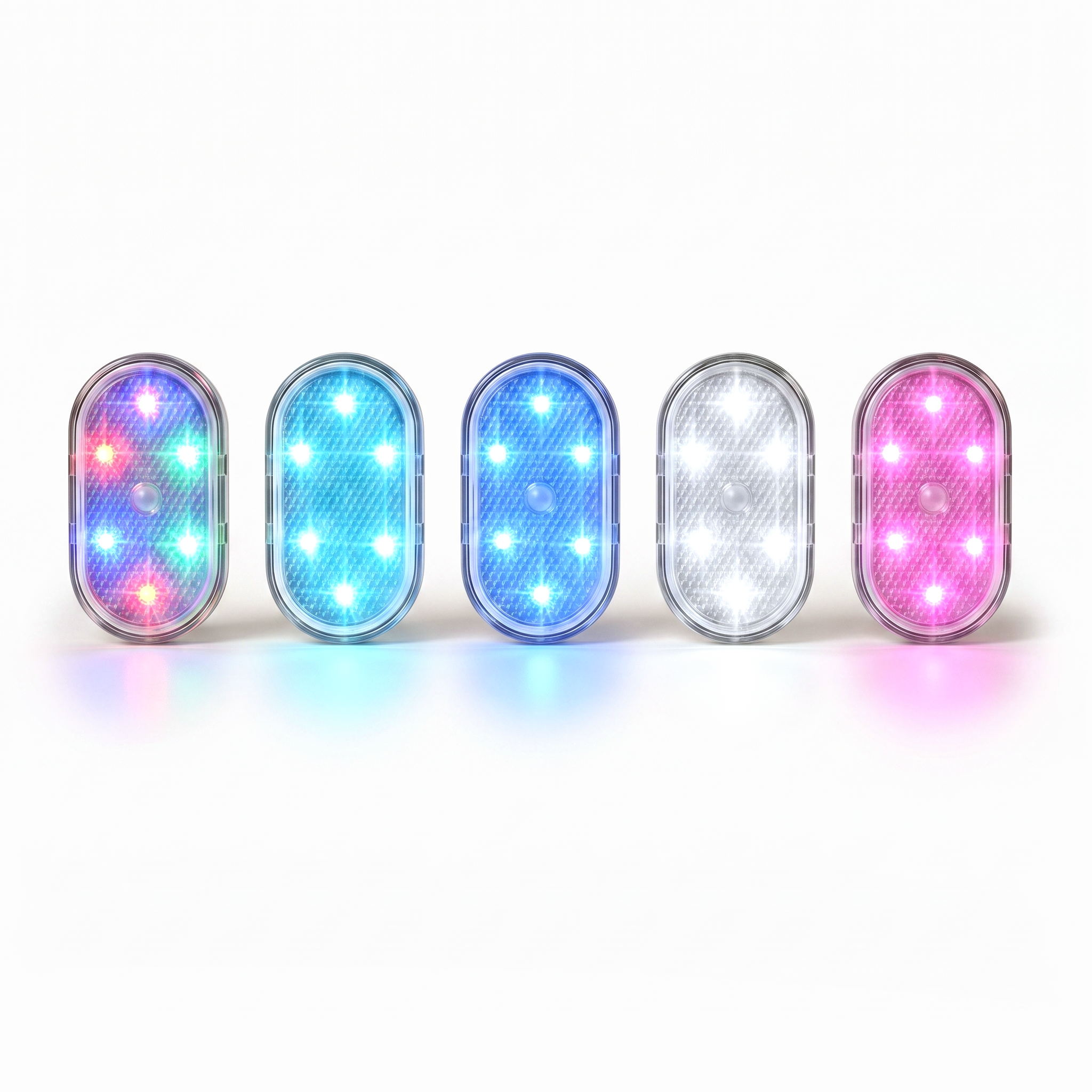 Five Stealthglow lights switched on, showing multicolour, ice blue, blue, white and pink